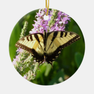 Swallowtail Butterfly on Purple Wildflowers Ceramic Tree Decoration