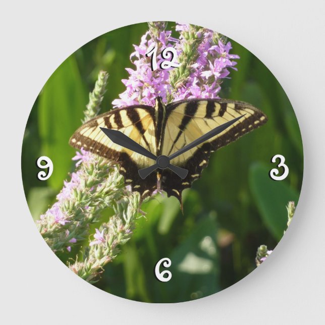 Swallowtail Butterfly on Purple Wildflowers Large Clock (Front)