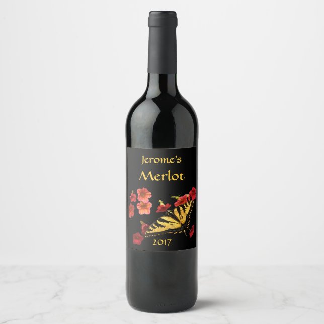 Swallowtail Butterfly on Red Flowers Wine Label (Front)