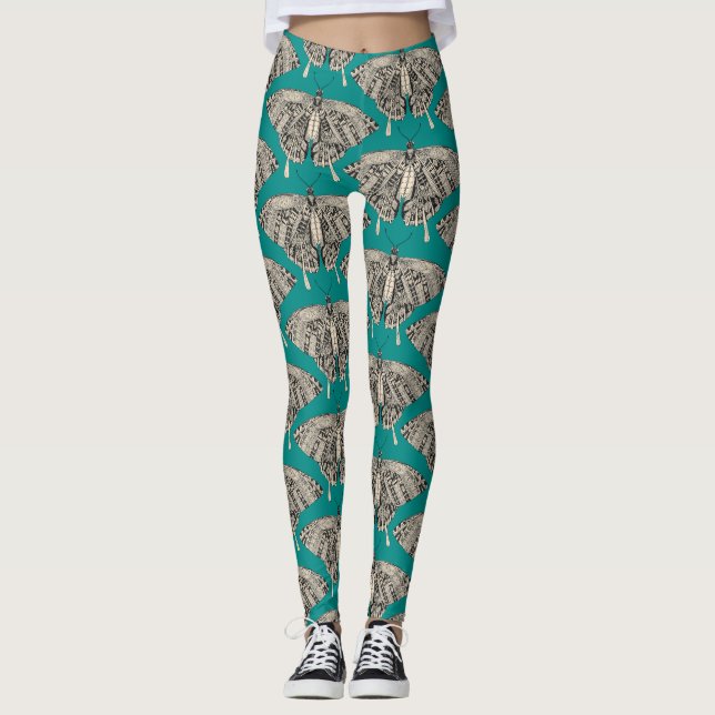 swallowtail butterfly teal black leggings (Front)