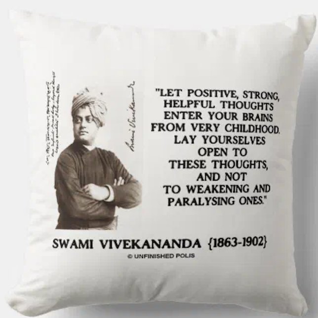 Swami Vivekananda Positive Strong Helpful Thoughts Cushion (Vivekananda quote on this throw pillow, advocating for positive, strong helpful thoughts)