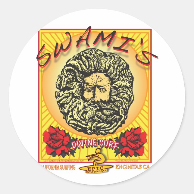 SWAMI'S ENCINITAS CALIFORNIA SURFING CLASSIC ROUND STICKER (Front)