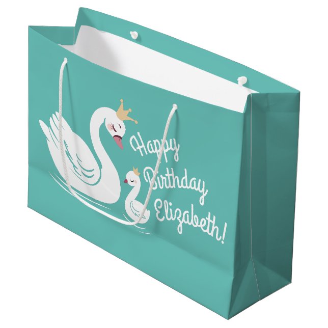 Swan 1st Birthday Party Baby Shower Large Gift Bag (Front Angled)