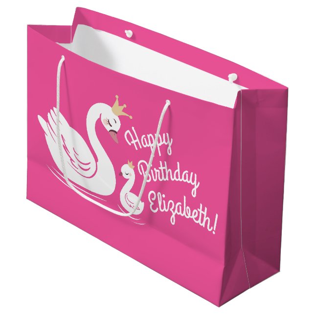 Swan 1st Birthday Party Baby Shower Pink Large Gift Bag (Front Angled)