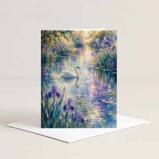 Swan Among Irises Watercolor Note Card