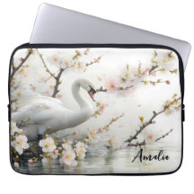 Swan and Blossom Lake in Watercolor
