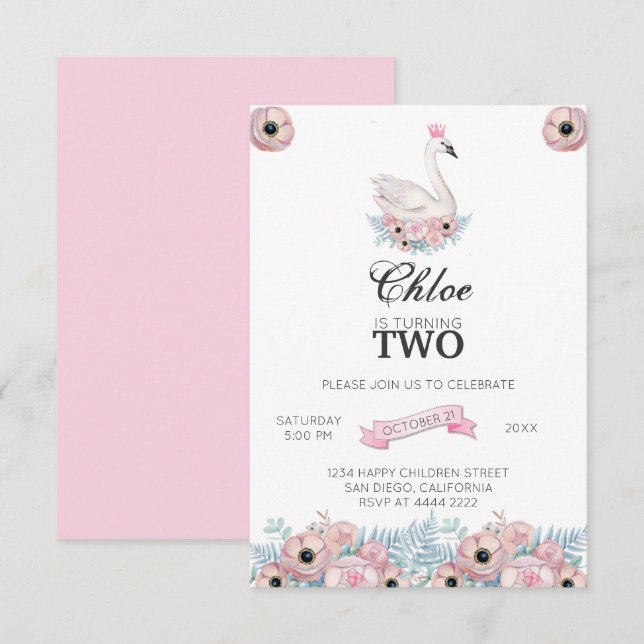 Swan And Crown Birthday Invitation (Front/Back)