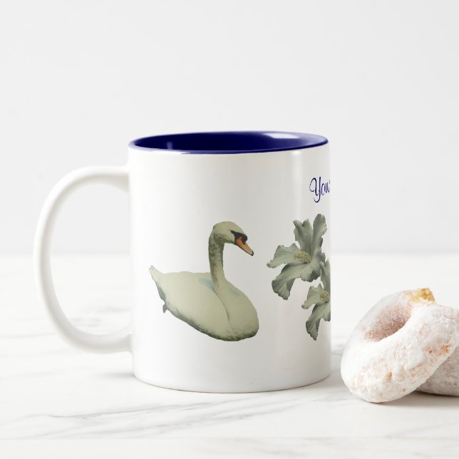 Swan And Hibiscus Flower Personalised Two-Tone Coffee Mug (With Donut)