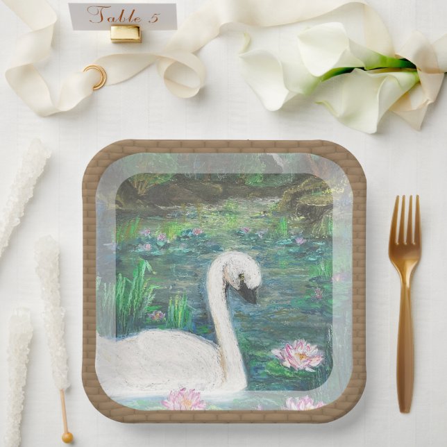 Swan and Lilies (Square) Paper Plate (Wedding)