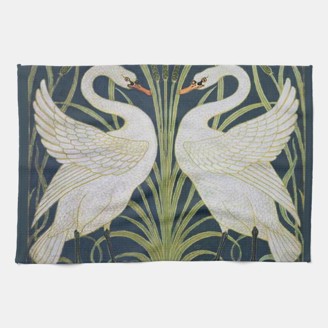 Swan Art Nouveau Two Swans  Tea Towel (Horizontal)