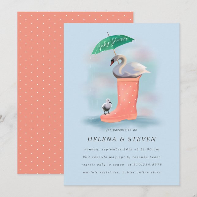 Swan & Baby Cygnet Pink & Blue Rain Baby Shower Invitation (Front/Back)
