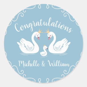 Swan Baby Shower Bird with Crown Co-Ed Blue Classic Round Sticker