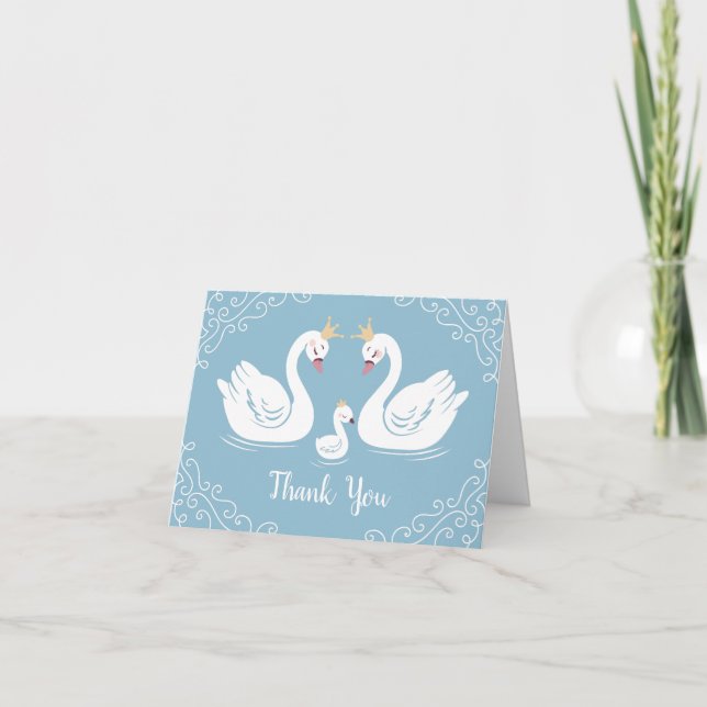 Swan Baby Shower Bird with Crown Co-Ed Blue Thank You Card (Front)