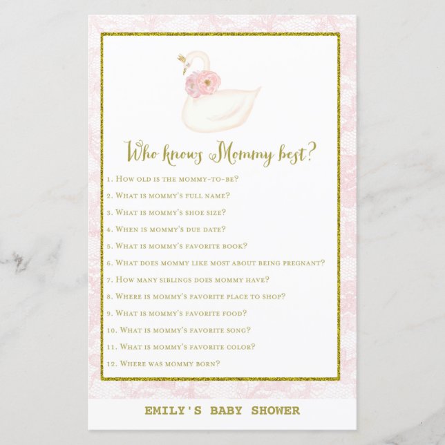 Swan Baby Shower Game PRINTED (Front)