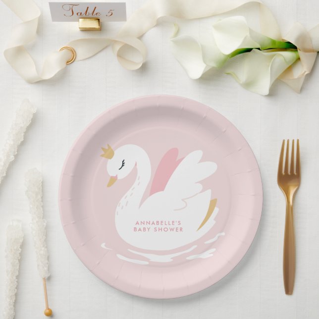 Swan baby shower girly pink aqua cute elegant paper plate (Wedding)