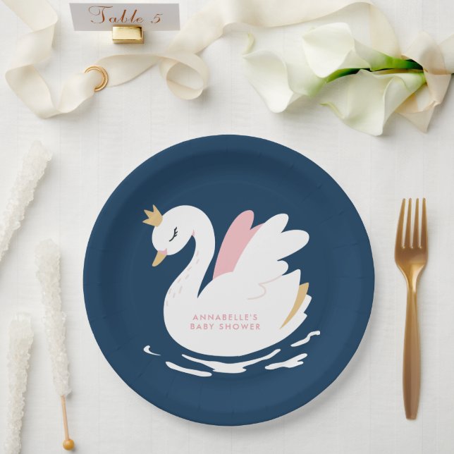 Swan baby shower girly pink navy blue cute elegant paper plate (Wedding)