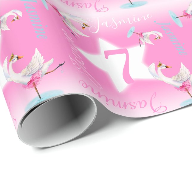 Swan ballerina watercolor pink ballet 7th birthday wrapping paper (Roll Corner)