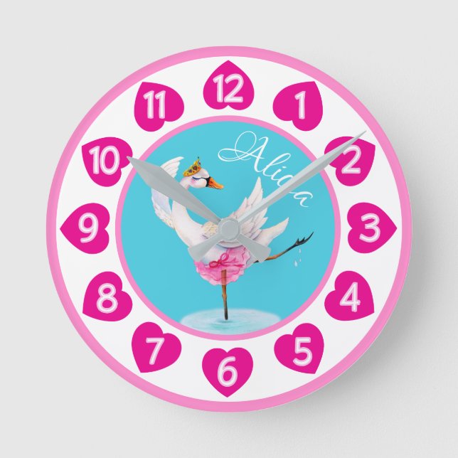 Swan ballet watercolor whimsy hearts clock (Front)