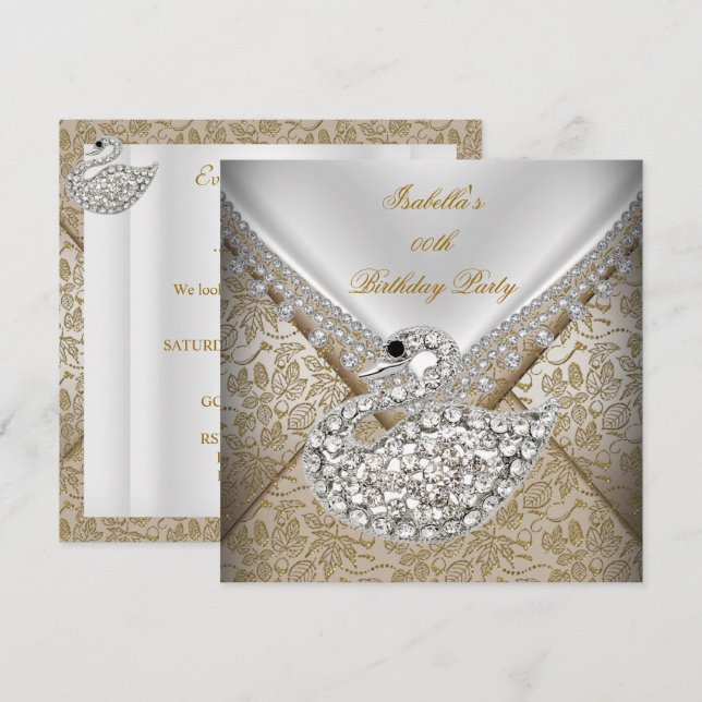Swan Beige Gold Damask White Elegant Birthday Invitation (Front/Back)