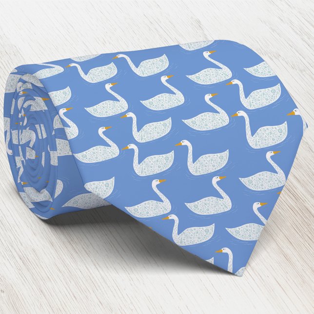 Swan Bird Pattern Blue Tie (Swan pattern neck tie for wildlife, nature and bird lovers)