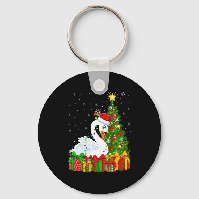 Swan Bird Xmas Holiday Santa Swan Christmas Tree  Key Ring (Front)