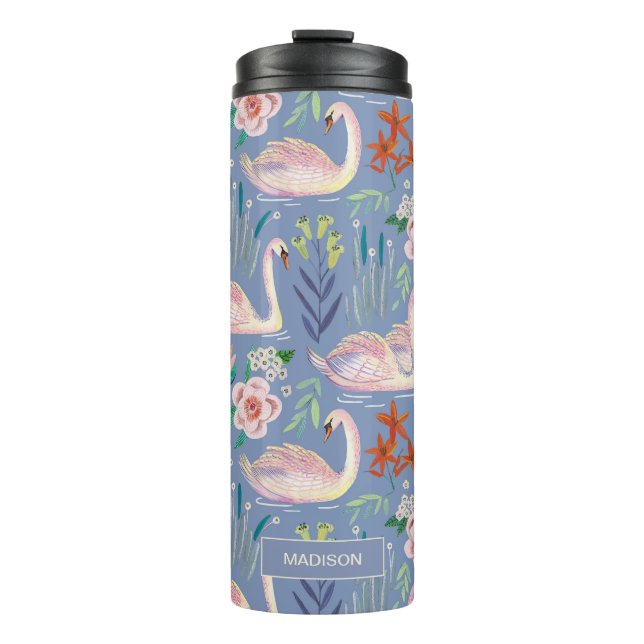 Swan Birds Floral Botanical Blue Pattern Name Thermal Tumbler (Front)