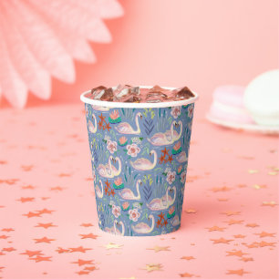 Swan Birds Floral Botanical Blue Pattern Paper Cups