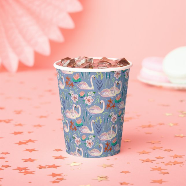 Swan Birds Floral Botanical Blue Pattern Paper Cups (Insitu)