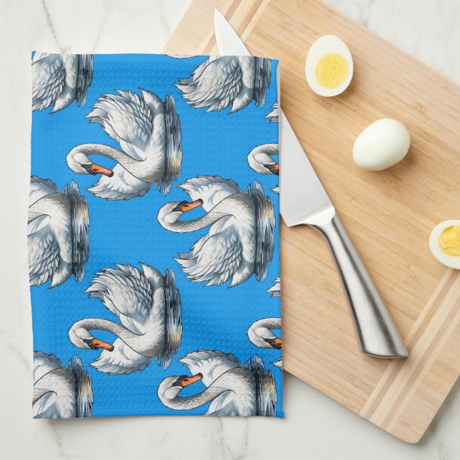 Swan Birds Pattern Design On Blue  Tea Towel (Quarter Fold)