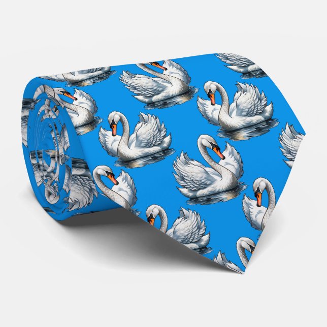 Swan Birds Pattern Design On Blue  Tie (Rolled)
