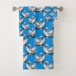 Swan Birds Pattern Design On Green  Bath Towel Set