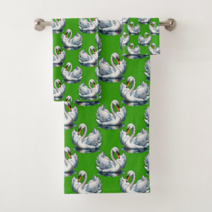 Swan Birds Pattern Design On Green  Bath Towel Set