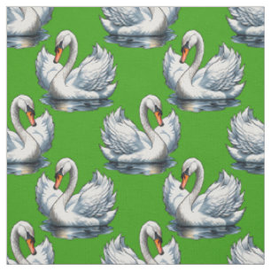 Swan Birds Pattern Design On Green Fabric