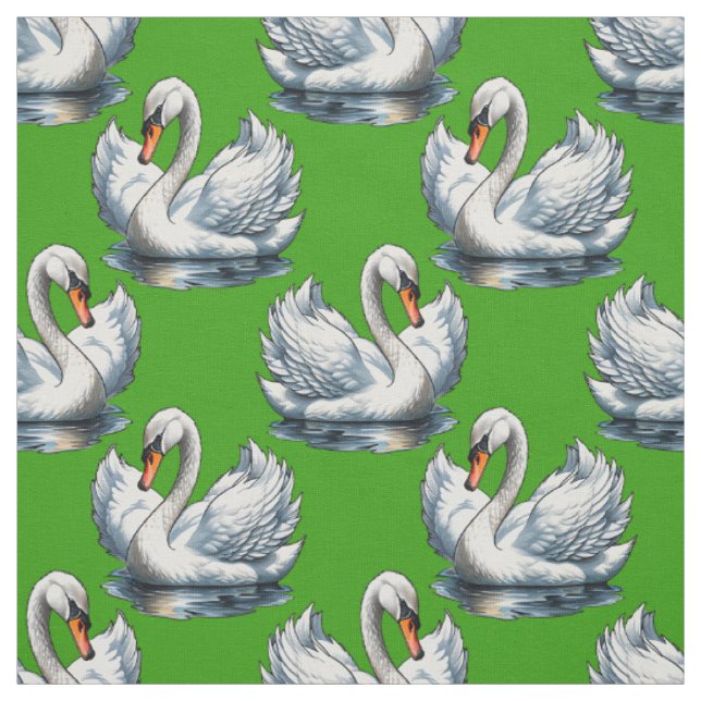 Swan Birds Pattern Design On Green  Fabric (Swatch)