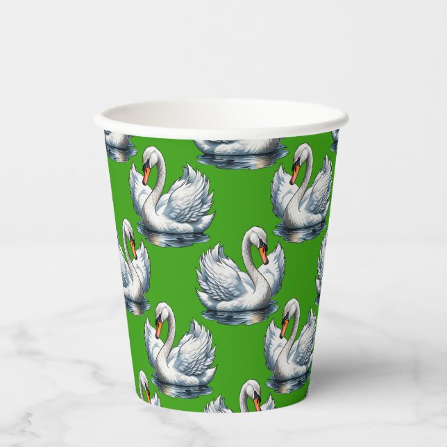 Swan Birds Pattern Design On Green  Paper Cups (Front)