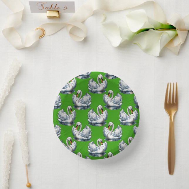 Swan Birds Pattern Design On Green  Paper Plate (Wedding)