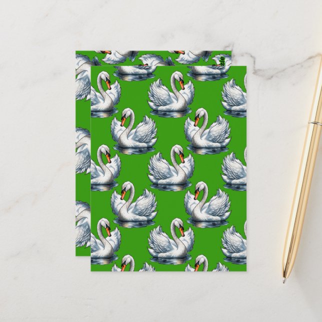Swan Birds Pattern Design On Green  Postcard (Front/Back In Situ)