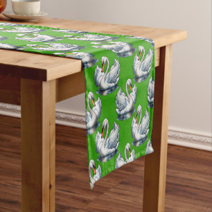 Swan Birds Pattern Design On Green  Short Table Runner
