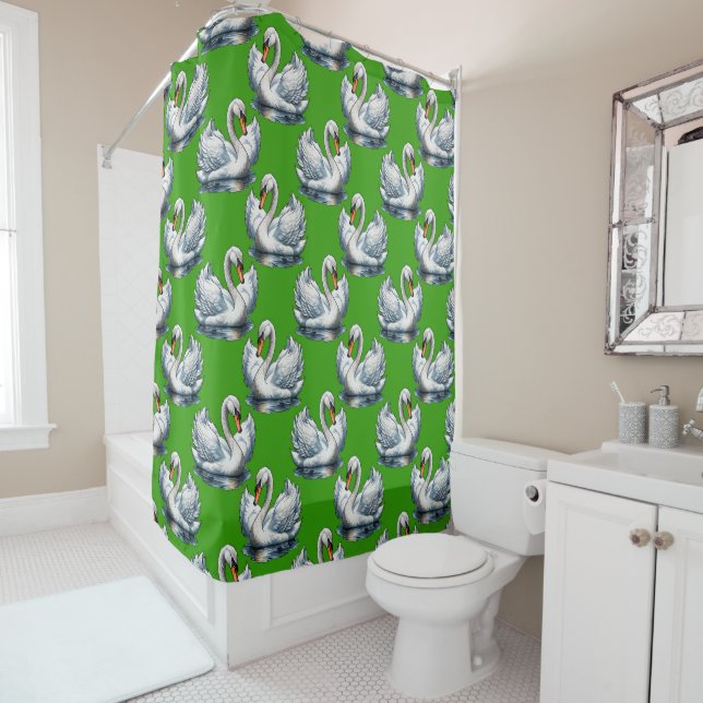 Swan Birds Pattern Design On Green  Shower Curtain (In Situ)