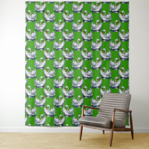 Swan Birds Pattern Design On Green Tapestry