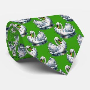 Swan Birds Pattern Design On Green Tie