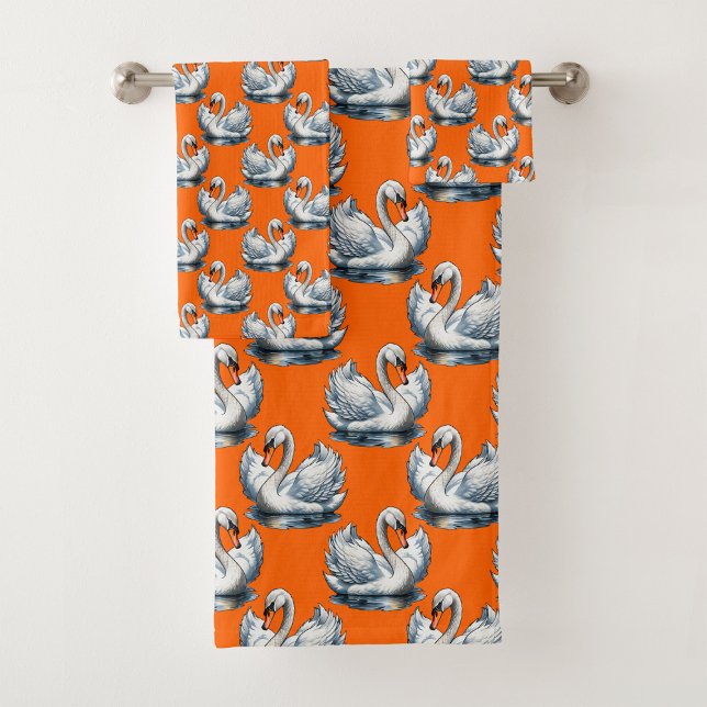 Swan Birds Pattern Design On Orange  Bath Towel Set (Creator Uploaded)