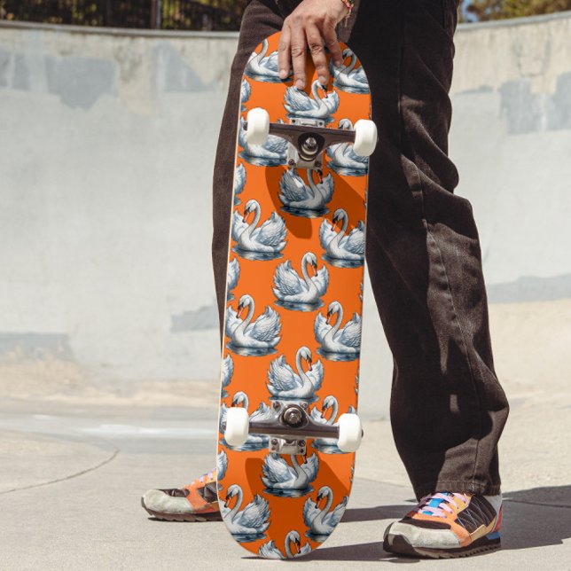 Swan Birds Pattern Design On Orange  Skateboard (Creator Uploaded)
