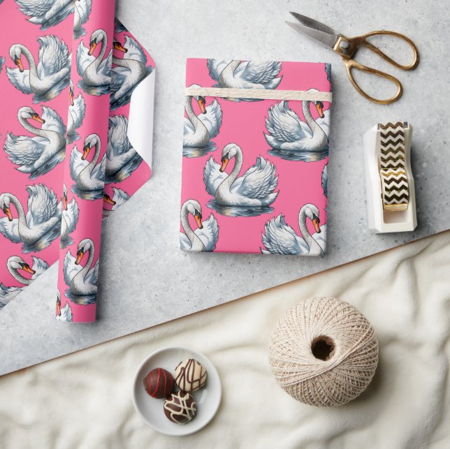 Swan Birds Pattern Design On Pink Wrapping Paper (Crafts)