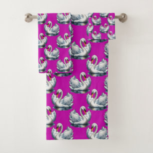 Swan Birds Pattern Design On Purple Bath Towel Set