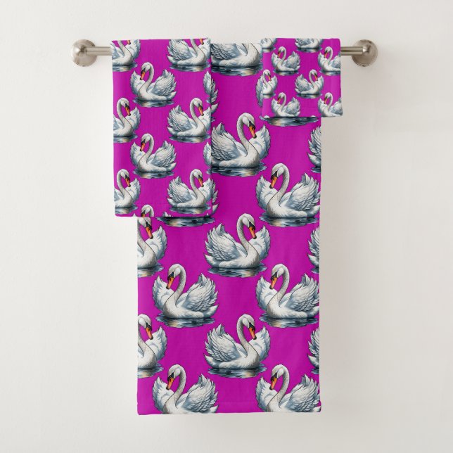 Swan Birds Pattern Design On Purple  Bath Towel Set (Insitu)