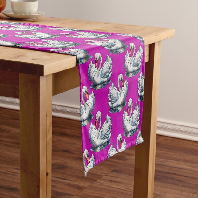 Swan Birds Pattern Design On Purple  Short Table Runner (In Situ)