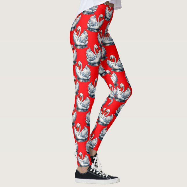 Swan Birds Pattern Design on Red Leggings (Creator Uploaded)