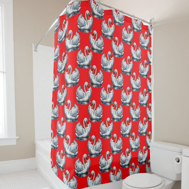 Swan Birds Pattern Design on Red Shower Curtain (Creator Uploaded)