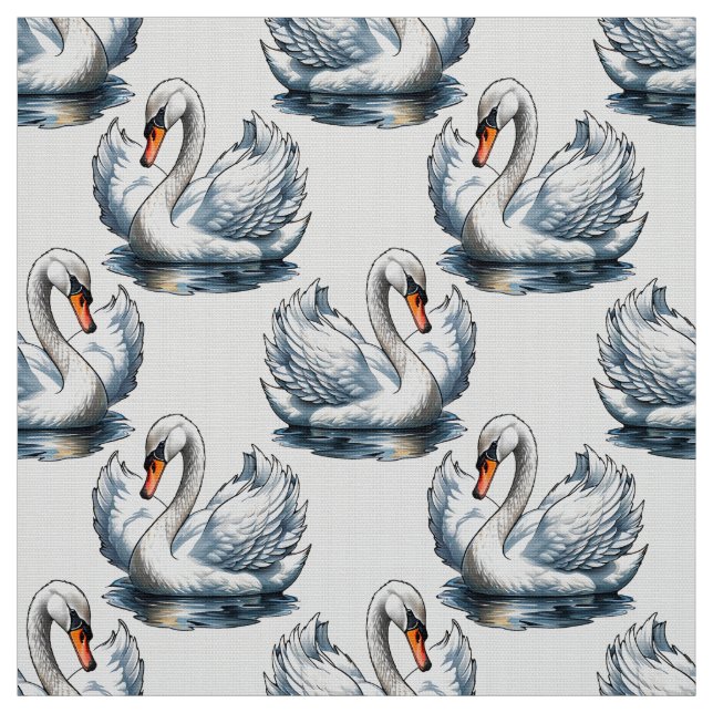 Swan Birds Pattern Design on White  Fabric (Swatch)